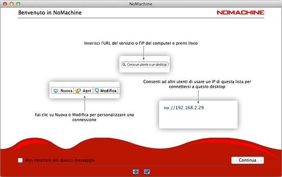 Schermata di benvenuto NoMachine che mostra l'indirizzo IP locale del computer